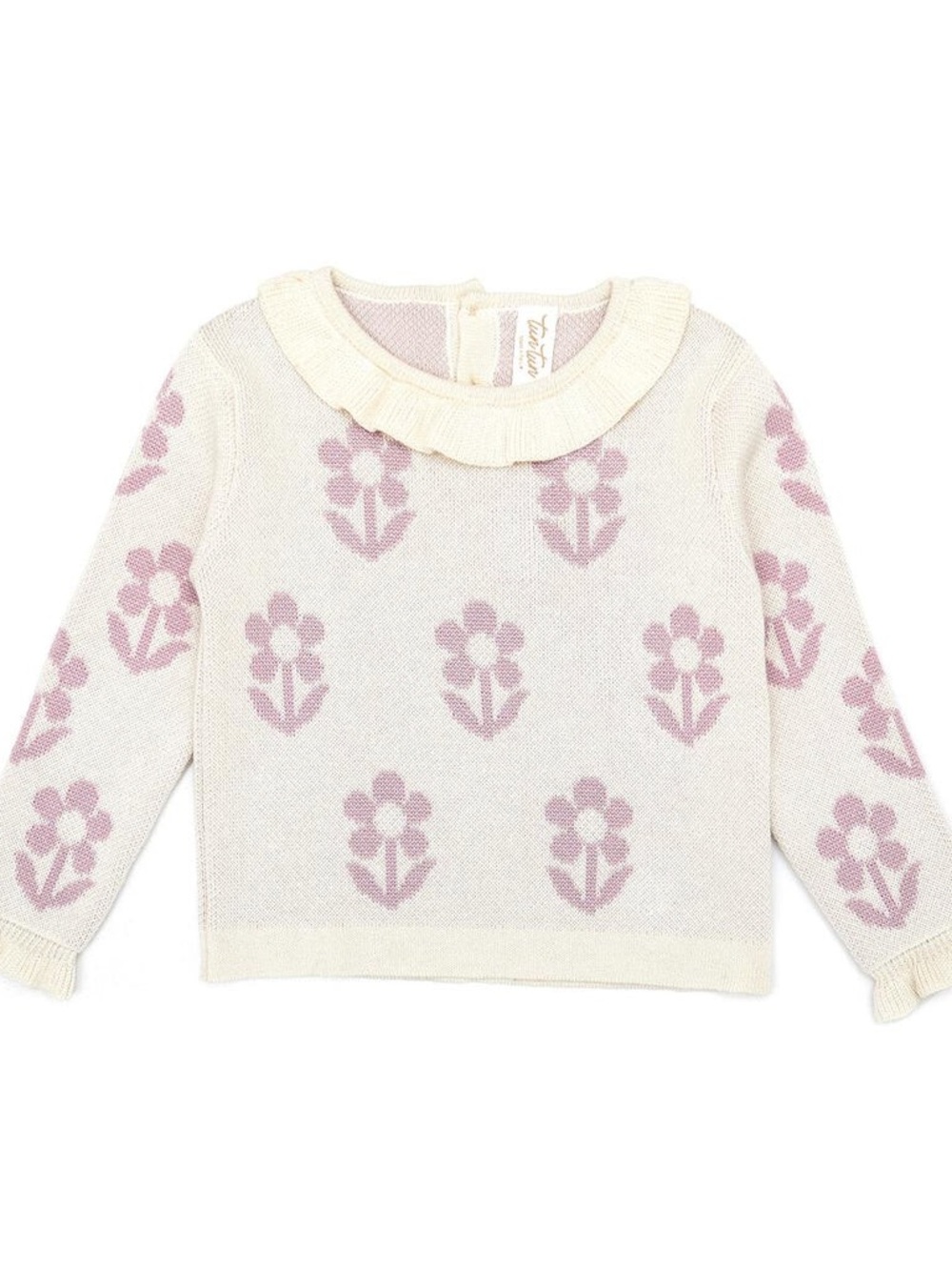 Girls Cream Knit Sweater with Pink Floral Pattern